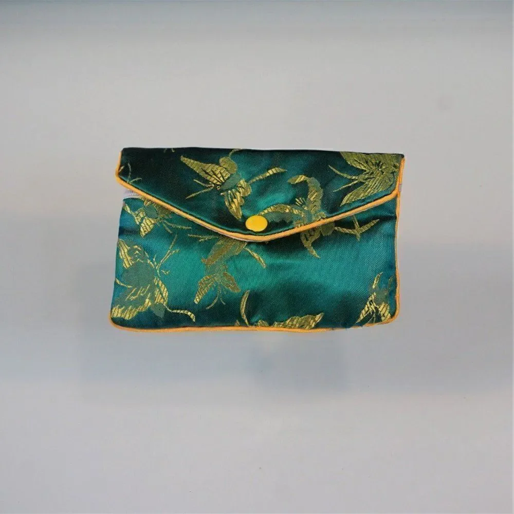 Vintage Yik Fun Jewelry Pouch Chinese Brocade Snap Button Zipper Blue Yellow